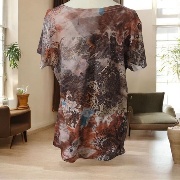 Cato Paisley Tan Brown Watercolor Blouse Tee With Stone Gems Size XL - Picture 3 of 10